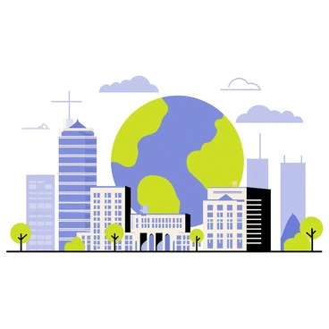 A skyline of a city featuring tall buildings with various architectural styles, including glass skyscrapers and brick facades. In the background, a large Earth is prominently displayed, showcasing vibrant blue oceans and green landmasses. The cityscape reflects a blend of urban life with elements of nature, as trees and parks are interspersed among the buildings. Wispy clouds are visible in the sky, adding depth to the scene. The overall composition highlights the connection between the city and the planet.