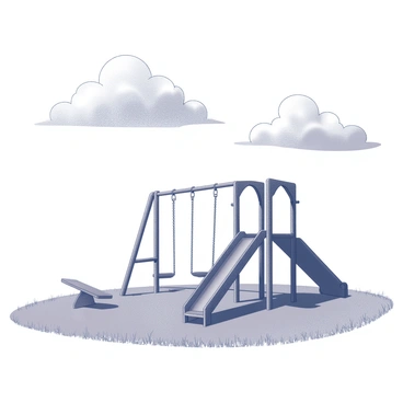 An empty playground is positioned under a cloudy sky filled with gray clouds. The playground equipment, including a swing set and a slide, stands still and unused, casting long shadows on the ground. Wet grass surrounds the area, adding to the mood of the scene. Nearby, a solitary seesaw is visible, highlighting the absence of children. The overall setting conveys a feeling of nostalgia and the passage of time.