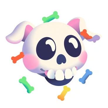 A cartoon-style dog skull is prominently displayed in the center of the image. The skull features exaggerated large eye sockets that give it a playful appearance, and oversized canine teeth protrude from the jaw, enhancing its whimsical look. The nose is depicted as a large, round shape, and the skull has exaggerated cheekbones that add to its cartoonish expression. Around the skull, colorful bones in varying sizes are scattered, adding a playful context. Bright, bold colors highlight the contours of the skull and bones, creating a vivid and engaging visual composition.