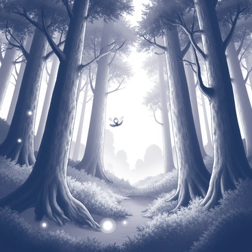 A mystical forest at dawn with glowing magical creatures and towering trees