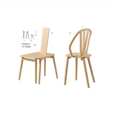 A technical illustration showing the assembly instructions for a simple wooden chair. The chair has four legs, a rectangular seat, and a curved backrest. Each piece is labeled with clear numbers to indicate the order of assembly. The legs are positioned vertically, connecting to the seat at the corners. The backrest is attached to the rear of the seat, angled slightly for comfort. There are arrows demonstrating the direction of screws and dowels, with a separate diagram showing the tools required for assembly, including a screwdriver and an allen wrench. The background is plain to keep focus on the assembly process.