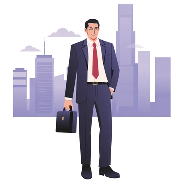 A businessman is standing confidently in front of a cityscape. He is wearing a tailored dark blue suit with a crisp white shirt and a sophisticated red tie. His hair is neatly styled, and he has a determined expression on his face. The briefcase in his right hand is black and has a polished finish. The background features a skyline of tall skyscrapers, with glass façades reflecting the sunlight. The sky is clear with a few fluffy clouds scattered throughout. The scene conveys a sense of ambition and professionalism.