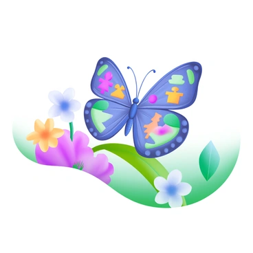 A butterfly with delicate, colorful wings, each wing showcasing a unique pattern composed of various GPA figures in vibrant colors. The butterfly is perched on a bright green leaf, surrounded by soft pastel flowers in shades of pink, yellow, and blue. The background is a gentle gradient of light pastels, complementing the butterfly's intricate wing designs.