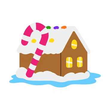 A giant slinga candy cane leaning against a snowy gingerbread house