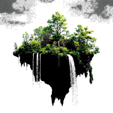 A floating island hovers in a vast sky filled with clouds. The island features lush greenery, with various trees and plants thriving on its surface. Waterfalls cascade from the edges of the island, flowing down into the open sky below. The waterfalls create mist as they plunge, and the water sparkles as it catches the light. The structure of the island is rocky and uneven, with vibrant foliage contrasting against the rugged terrain.