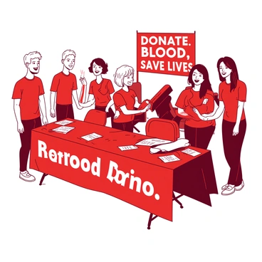 A group of enthusiastic volunteers wearing bright red matching t-shirts is gathered at a blood drive. Each volunteer has a cheerful expression on their face, showcasing their commitment to helping others. They stand around a table that is covered with informational pamphlets and a large red banner that reads "Donate Blood, Save Lives" in bold letters. In the background, there are several donation chairs set up, each occupied by individuals donating blood. The atmosphere is vibrant and supportive, highlighting the sense of community involvement.