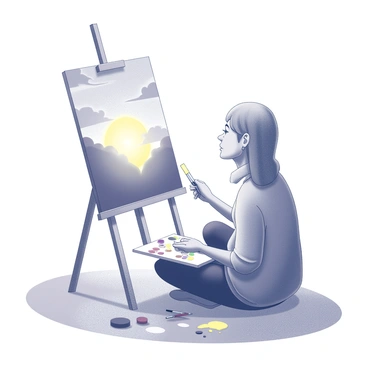 An artist is situated on a grassy hill, focused on their canvas. They are using a variety of brushes and tools, with a palette holding different colors. The canvas displays a sunset scene, with exaggerated shapes representing clouds and the sun. The artist's expression is one of concentration and passion as they blend and layer the colors. In the foreground, there are paint splatters and tools scattered around, hinting at the creation process.