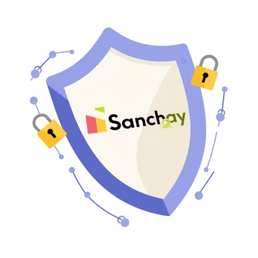A shield icon with a glossy finish, featuring a prominent "Sanchay Plus" logo in the center. The logo is designed in vibrant colors to stand out against the shield. Surrounding the shield, there are small digital elements like tiny locks and circuit lines, symbolizing digital security measures. The overall design emphasizes strength and protection, with a slightly three-dimensional appearance to enhance visual impact.