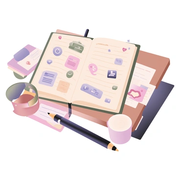 A digital flat illustration of an open diary resting on a wooden desk. The diary pages are filled with various illustrated social media posts. Each post features colorful sketches of different icons, such as a camera, a thumbs-up symbol, and chat bubbles. Doodles of stars, hearts, and flowers surround the posts, creating a playful atmosphere. A pen lies next to the diary, and a coffee cup is positioned nearby, adding to the cozy scene. The background includes hints of scattered paper and stationery, enhancing the theme of creativity and personal expression.
