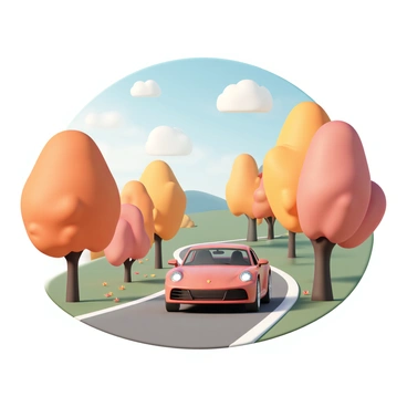 A car driving down a country lane lined with vibrant autumn foliage on either side