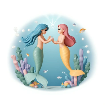 Two mermaids, one with long flowing blue hair and a shimmering green tail, and the other with vibrant red hair and a golden tail, are positioned in an underwater scene. They are surrounded by colorful coral reefs and schools of fish swimming by. The mermaid with blue hair is holding a sparkling seashell, while the red-haired mermaid gazes at it with wide eyes. Bubbles rise around them, and soft rays of light filter through the surface of the water, illuminating their graceful movements. The background features vibrant seaweed and small sea creatures, creating a lively underwater atmosphere.