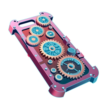 A phone case designed with intricate steampunk gears and cogs. The surface of the case is adorned with a detailed pattern of brass and copper elements, showcasing various sizes of gears interlocking seamlessly. Each gear has unique engravings and textures, reflecting a metallic sheen under the light. The edges of the case are reinforced with rivets, adding to the industrial aesthetic. Small steam vents are incorporated into the design, enhancing the steampunk theme. The overall color palette includes warm browns and metallic hues, giving a vintage yet futuristic appearance.