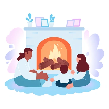 A group of family members is gathered around a fireplace, with several logs placed inside and flames dancing upwards. The family consists of a man with short hair, a woman with long hair, and two children, one with curly hair and the other with straight hair. They are sitting on a soft, plush rug in front of the fireplace. The warm glow from the flames casts a soft light on their faces, creating a cozy atmosphere. Decorative items, such as a few picture frames and a small potted plant, are placed on a nearby shelf, enhancing the homey setting. The walls are adorned with warm pastel colors, further adding to the inviting ambiance.