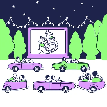 A classic drive-in theater is set up under a night sky filled with stars. In the foreground, there are several convertible cars parked in neat rows, each with their tops down, displaying people of various ages enjoying the show. The cars are detailed with chrome accents and vibrant colors. In the background, a giant screen is illuminated, showcasing a black-and-white cartoon featuring cartoon characters engaged in playful antics. Surrounding the theater are tall trees providing a border to the scene, while strings of lights hang above, adding a charming atmosphere to the setting.