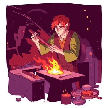 A red-haired elf named "Fëanor" is standing at a large anvil in a dimly lit forge, surrounded by glowing embers and swirling sparks. He is intensely focused on his work, with a determined expression on his face. In his hands, he holds a glowing piece of metal that is being meticulously shaped into a radiant jewel. The forge is filled with tools and materials, including hammers, tongs, and various gemstones, all bathed in a warm, red glow from the forge's flames. The background is filled with shadows and flickers of light, highlighting the intense atmosphere of creation.