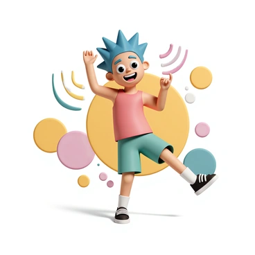 A cartoon character with oversized, expressive eyes and a big smile is energetically performing shoulder rolls. The character has a bright blue hairdo styled in spikes and is dressed in a vibrant red tank top and green shorts. The colorful studio features a variety of large abstract shapes and patterns on the walls, with splashes of yellow, pink, and teal. The character is mid-motion, one shoulder raised high while the other is lowered, and colorful sound waves are depicted around them to emphasize the energetic movement.