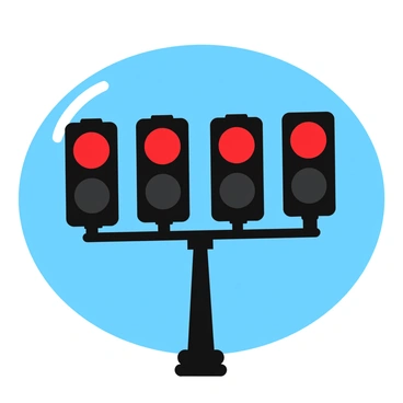 Four traffic lights arranged in a row, with three lights glowing red and one light turned off, creating a clear display of the fraction "4/3". The lights are mounted on a simple black pole with a sturdy base. Each illuminated light emits a bright red glow, while the turned-off light remains dark. The background is a bright blue sky, emphasizing the colors of the traffic lights. The composition highlights the contrast between the illuminated and the off light.