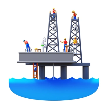 Workers wearing safety helmets and high-visibility vests are engaged in maintenance tasks on the towering structures of a large oil rig. Some workers are using tools to inspect the rig's metal framework, while others are checking equipment on a platform. The rig is situated above ocean waters, with waves gently lapping against its base. The sky is clear, allowing sunlight to illuminate the scene, creating shadows on the rig's surfaces. Various safety equipment such as harnesses and ropes are visible around the workers, emphasizing the importance of safety in their tasks.