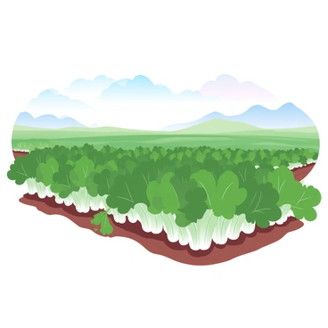 An expansive field is filled with healthy, green celery plants that are growing tall and vibrant. The celery plants are arranged in neat rows, with their lush leaves catching the light. In the distance, the horizon is visible, where the land meets a soft gradient of pastel colors in the sky. The scene is tranquil, emphasizing the abundance of the crops stretching as far as the eye can see.