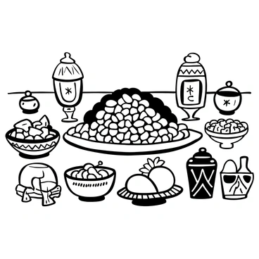 A beautifully arranged table for Iftar, featuring a large platter of "dates" positioned at the center. Surrounding the dates are various traditional dishes, including "rice" dishes served in ornate bowls, and "bread" placed on a decorative plate. There are elegant glasses filled with "water" and "refreshing drinks" set beside the dishes. Softly lit lanterns are arranged on the table, casting gentle shadows. Decorative tablecloth and intricate patterns can be seen beneath the food items, enhancing the festive atmosphere.