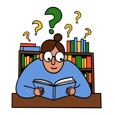 A light-skinned person with big eyes sitting at a wooden desk, reading an open encyclopedia. They are wearing glasses and a blue sweater, looking thoughtfully at the pages. Above their head, several green and yellow question marks are floating, symbolizing curiosity and inquiry. The room is filled with bookshelves in the background, enhancing the scholarly atmosphere.