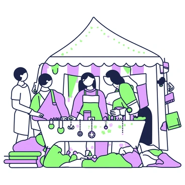 A vendor is displaying handmade jewelry at a local crafts fair. The vendor, a woman with long hair, is standing behind a table covered with various pieces of jewelry, including necklaces, bracelets, and earrings. Each jewelry piece is intricately designed, showcasing unique craftsmanship. The table is surrounded by people browsing and admiring the jewelry. In the background, a large tent is set up, with flags or banners that create a vibrant atmosphere at the fair. The ground is covered with a variety of colorful mats and fabrics, enhancing the lively setting.