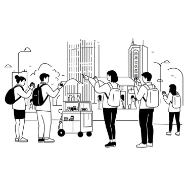 A group of tourists is gathered on a bustling city street. They are holding cameras and taking photos of the surrounding architecture. Some tourists are wearing backpacks and comfortable walking shoes. One man is pointing excitedly towards a tall building with intricate detailing while a woman beside him is adjusting her camera. A street vendor can be seen in the background, selling snacks from a cart, and a colorful market stall is set up nearby, filled with various items. The street is lined with trees and people walking by, creating a lively atmosphere.