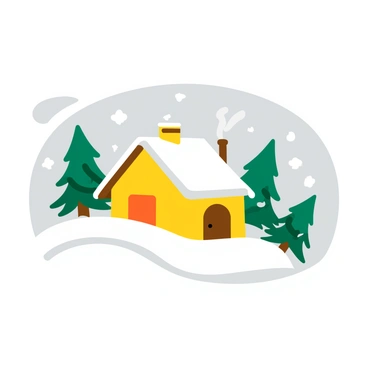 A snowy landscape featuring a small cottage with a sloped roof, surrounded by snow-covered trees. The cottage has smoke rising from the chimney, and snowflakes gently fall from a gray sky. The trees are tall and thin, their branches dusted with white snow. The ground is blanketed in fresh, powdery snow, reflecting the soft light of the scene.