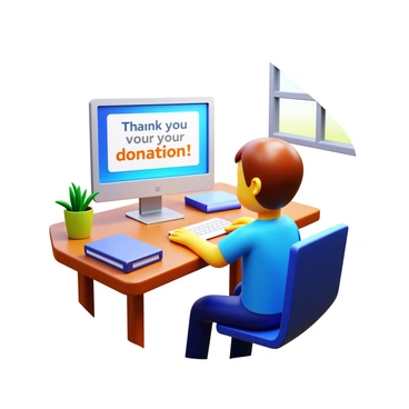 A person with short brown hair sitting at a wooden desk. The person is wearing a casual blue t-shirt and looking at a computer screen with a smile. The computer screen displays a confirmation message with "Thank you for your donation!" in bold letters. A few books and a potted plant are on the desk beside the computer. Soft light comes from a nearby window, illuminating the scene.
