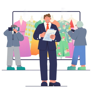 A renowned fashion designer with light brown hair styled in an elegant updo is standing confidently in front of a backdrop displaying their latest collection. They are wearing a tailored black suit with a crisp white shirt and a vibrant red silk tie. The designer is holding a clipboard with sketches of their designs, and a camera crew is capturing the moment around them. In the background, several mannequins are showcasing the latest garments, each adorned with intricate patterns and bold colors. Soft lighting highlights the textures of the fabrics and the designer's focused expression.