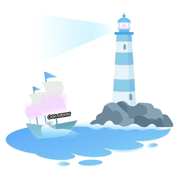 A lighthouse shining bright light, guiding ships labeled 'Thoughts' and 'Opinions' safely home