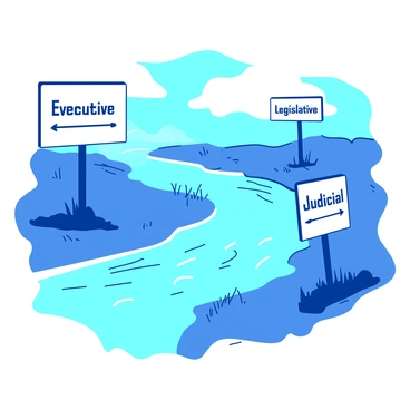 A blue river flows gracefully, dividing into three equal streams. Each stream is labeled with a distinct sign: the first stream is marked with "Executive," the second stream with "Legislative," and the third stream with "Judicial." The banks of the river are lined with lush green grass, and the water sparkles under the bright sun, creating a serene atmosphere as the streams meander into the distance.