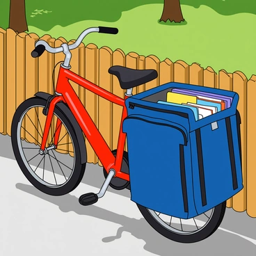 A bright red bicycle with a shiny silver frame is leaning against a wooden fence. The bicycle has a sleek design with a comfortable black seat and curved handlebars. Securely fastened to the back of the bicycle is a large, blue cartable with a sturdy zipper and multiple pockets. The cartable is slightly open, revealing colorful notebooks and stationery inside. Sunlight casts soft shadows on the ground, highlighting the bicycle's tires and the texture of the wooden fence. The scene is set in a vibrant green park with a few trees in the background.