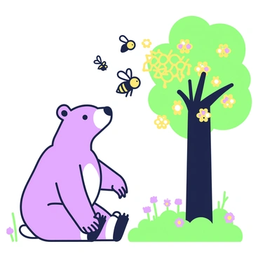 A bear is sitting on its hind legs, looking curiously at a swarm of bees buzzing around a honey tree. The bear has a round body with soft fur and a slightly tilted head, displaying its curiosity. The honey tree is tall, with a thick trunk and branches filled with golden honeycombs dripping with honey. A few bees are flying near the honeycomb, and some are hovering mid-air, their wings buzzing. The ground is scattered with green grass and small flowers, adding to the lively atmosphere of the scene.