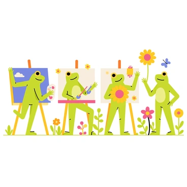A group of four frogs, each with vibrant green skin, are standing on their hind legs in a sunny garden. They are positioned around colorful easels, with one frog holding a paintbrush, dabbing it onto a canvas displaying a bright blue sky. Another frog is mixing red and yellow paints on a palette, while a third frog is playfully splattering paint onto its canvas. The fourth frog is admiring its artwork, which features a large, cheerful sunflower. The garden is filled with blooming flowers in various colors, and a few butterflies are fluttering around, enhancing the lively atmosphere.