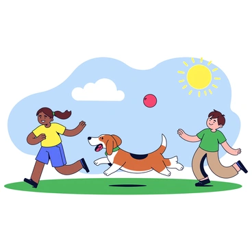 A beagle with short brown and white fur is energetically running across a grassy field. There are two children, a boy and a girl, happily throwing a red ball. The girl has brown hair tied back in a ponytail and is wearing a yellow t-shirt and blue shorts, while the boy is wearing a green t-shirt and khaki shorts. The sun shines brightly in a clear blue sky, casting playful shadows on the ground. The expression on the beagle's face shows excitement as it chases after the ball.