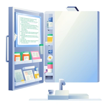 A high-tech medicine cabinet with a sleek, metallic exterior is mounted on a wall. The front of the cabinet features a touch-sensitive screen displaying medication names and instructions in clear, legible text. Inside, neat compartments are organized with various prescription bottles and blister packs. One compartment is illuminated, showing a blue light as the cabinet dispenses a small vial of medicine. A digital display indicates the dosage and time for the next medication. The surrounding area is a modern bathroom setup, with a clean sink and a large mirror reflecting the cabinet.