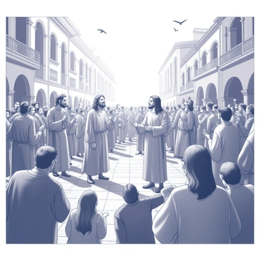 A group of apostles stands at the center of a bustling open square, passionately delivering a message to a large, diverse crowd surrounding them. The apostles are depicted with distinct features, each expressing enthusiasm and conviction in their gestures. The crowd is composed of men and women of various ages and ethnicities, listening intently, some nodding in agreement while others appear curious. The square is filled with cobblestone pathways and is bordered by buildings with archways and balconies, creating a vibrant urban atmosphere. Sunlight filters down, illuminating the scene, while a few birds can be seen in the sky above.