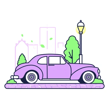 A shiny vintage car is parked beneath a streetlamp on a cobblestone street. The car has a classic design with curved fenders and intricate chrome details. The streetlamp casts a warm light that reflects off the polished surface of the car, highlighting its contours. There are a few scattered leaves on the ground around the car, indicating a nearby tree. The background features faint outlines of buildings, softly illuminated by the streetlamp's glow.