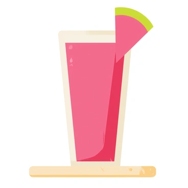 A tall glass filled with a vibrant pink dragon fruit smoothie, showcasing a creamy texture. The smoothie is topped with a small, thin slice of green and pink dragon fruit, positioned elegantly on the rim of the glass. The glass is placed on a light wooden table, with droplets of condensation glistening on the surface, enhancing the refreshing look of the drink.