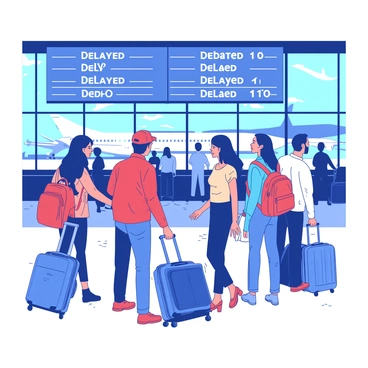 A group of travelers is standing at an airport terminal, all focused on a large digital departure board displaying multiple "Delayed" signs. The passengers have a variety of luggage, including a bright blue suitcase, a red backpack, and a white handbag. Some travelers have worried expressions, while others appear frustrated. The airport is busy, with people moving in the background and tall glass windows showing a glimpse of an airplane on the tarmac outside.