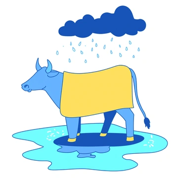 A blue cow wearing a bright yellow raincoat is splashing in puddles on a rainy day. The cow stands in a large puddle, with water droplets flying around its hooves, which are covered in matching yellow rubber boots. The sky above is filled with dark clouds, and raindrops fall around the cow, creating ripples in the puddles. The scene captures the playful spirit of the cow enjoying the rainy weather.