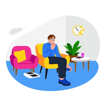 A nervous candidate with short brown hair sits in a brightly lit waiting room. They are wearing a neatly pressed blue shirt and dark trousers. Their eyebrows are furrowed as they bite their nails anxiously. The waiting room features colorful, comfortable chairs and a small coffee table with magazines. A large clock on the wall ticks softly, adding to the atmosphere of anticipation. A potted plant sits in the corner, adding a touch of green to the scene.