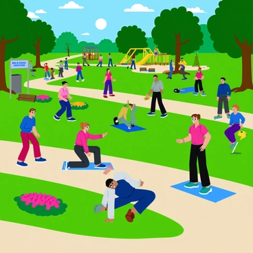 A busy urban park filled with green trees and colorful flower beds. People of various ages are scattered across the park, some sitting on benches and others standing on the grass. A group of individuals, men and women, are engaging in quick pelvic floor exercises. They are positioned in a variety of stances: some are squatting, while others are performing lunges or stretches. In the background, children are playing on a playground and people are walking dogs along the paths. The sun is shining brightly, casting cheerful shadows on the ground. "Take a moment for yourself" is written on a sign nearby, encouraging wellness among the park visitors.