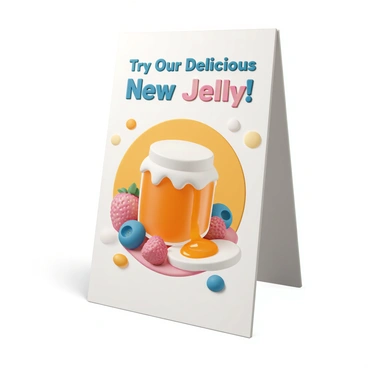 An advertisement board featuring a vibrant illustration campaign for a new jelly brand. The board prominently displays a large jar of jelly, with the lid slightly open and jelly oozing out, glistening under the light. Surrounding the jar are colorful fruits like strawberries, blueberries, and raspberries, artistically arranged to highlight the natural ingredients. The background features a bright gradient that complements the colors of the jelly and fruits, creating an eye-catching visual. At the top of the board, the words "Try Our Delicious New Jelly!" are written in bold, playful font, drawing immediate attention.