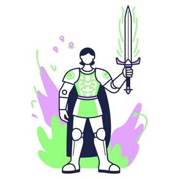 A hero stands strong, holding a mystical sword that radiates a brilliant light. The hero is wearing an intricately designed armor with detailed patterns, showcasing their bravery and strength. Their stance is confident, with one foot slightly forward, emphasizing their readiness for battle. The sword is held aloft, casting a glow that illuminates the hero's determined expression. Surrounding the scene are wisps of energy that swirl gently, enhancing the mystical atmosphere. In the background, there are faint silhouettes of trees, hinting at an enchanted forest setting.