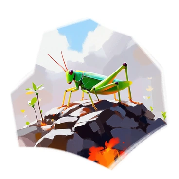 A vibrant green grasshopper is perched on a rocky surface of a newly formed volcanic island. The island features rough black rock formations, with patches of dark soil exposed from the recent eruptions. The grasshopper’s antennae are extended, and its wings are slightly open, showcasing their intricate veining. In the background, the sky is filled with wispy clouds, hinting at the heat rising from the warm ground. Sparse vegetation is beginning to sprout around the grasshopper, with small plants pushing through the volcanic soil, indicating the early stages of colonization.