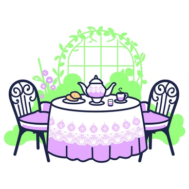 A small tea party is set up on a patio. In the center, there is a round table covered with a lace tablecloth. On the table, there are delicate cups with intricate designs, each accompanied by matching saucers. A porcelain teapot with a curved spout sits prominently in the middle. Next to the teapot, there is a small plate of assorted pastries and a jar of honey. Surrounding the table, there are two wrought iron chairs with cushions. The patio is bordered by flowering plants and a trellis adorned with climbing vines.