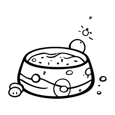 A dog bowl positioned on a textured surface, with a swirling design that incorporates outlines of "planets" and "stars" etched into its surface. The bowl is round and shiny, reflecting its surroundings subtly. There are small food pellets scattered around the bowl, with a few larger "planets" depicted in the design. Some "stars" appear twinkling across the bowl's body, enhancing the space theme.