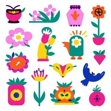 A collection of various folk art elements including intricate patterns and motifs. Each element features vivid colors and bold lines, showcasing traditional designs such as flowers, birds, and geometric shapes. The patterns are arranged in a harmonious layout, with some motifs overlapping slightly to create depth. Each element is distinct, displaying a playful and creative interpretation of folk art traditions. The collection is set against a light background to enhance the vibrancy of the colors.